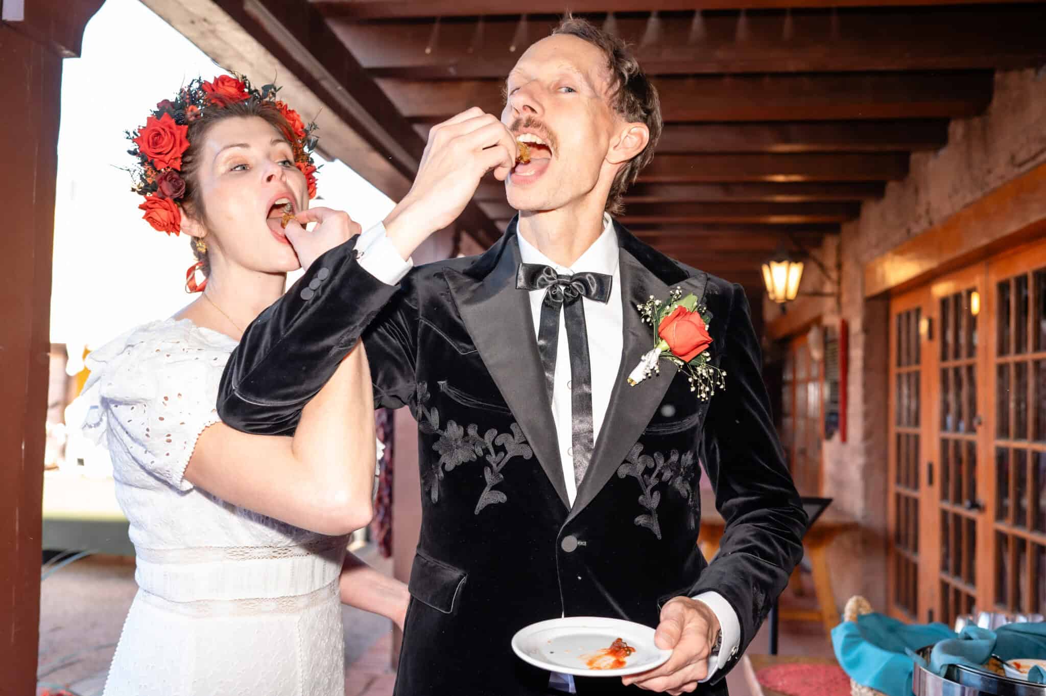 Bride and groom enjoying the Rocky Mountain Oysters at The Fort on their wedding day.